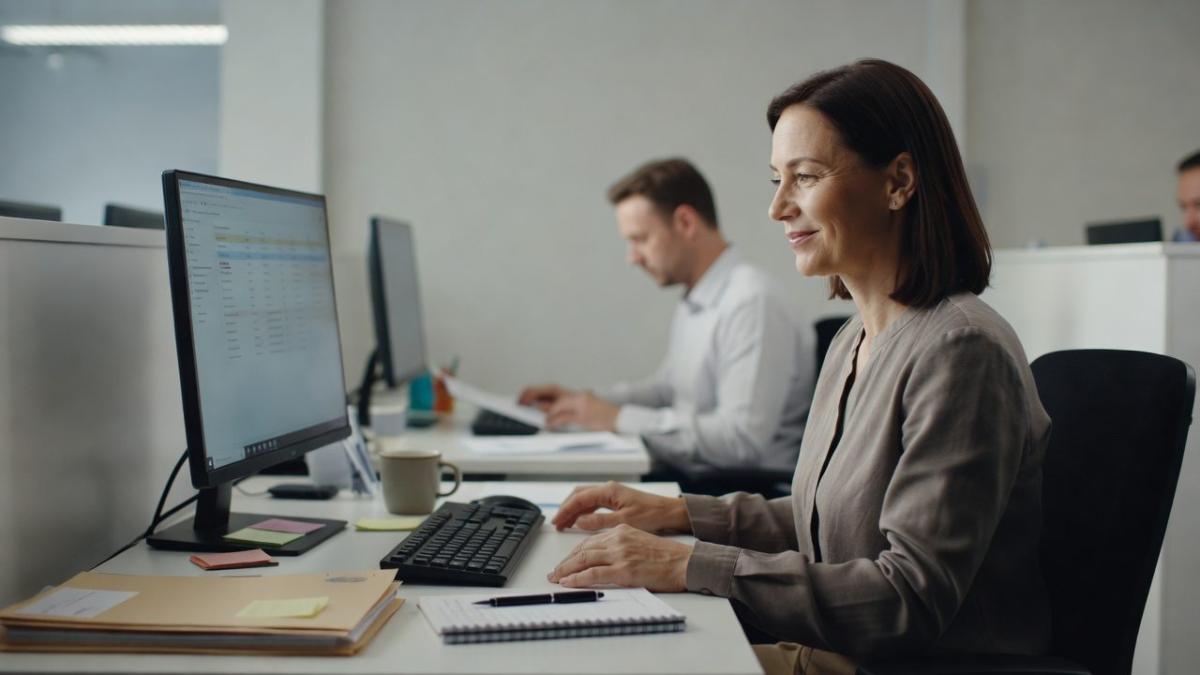 Mitarbeiterin am Arbeitsplatz nutzt einen Voice-Agent zur Unterstützung.