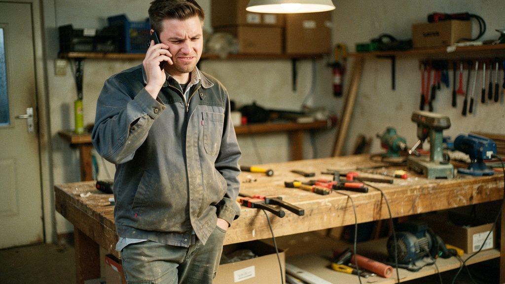 Handwerker spricht am Handy über Voice-Agents in der Telefonie.