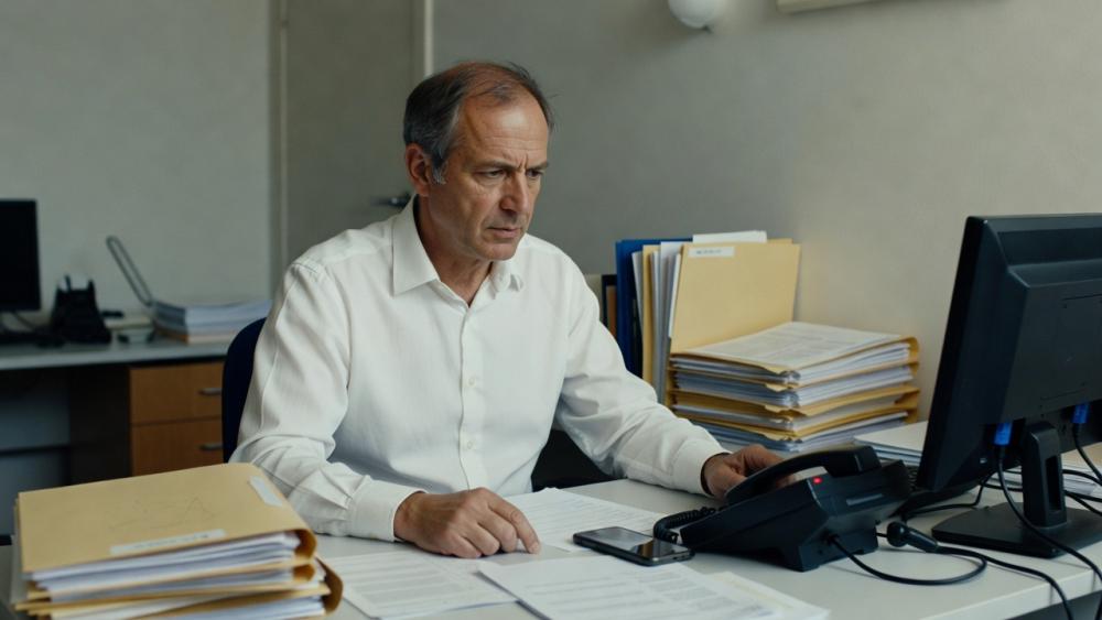 Ein Büromitarbeiter beschäftigt sich mit Voice-Agent Kosten am Telefon.