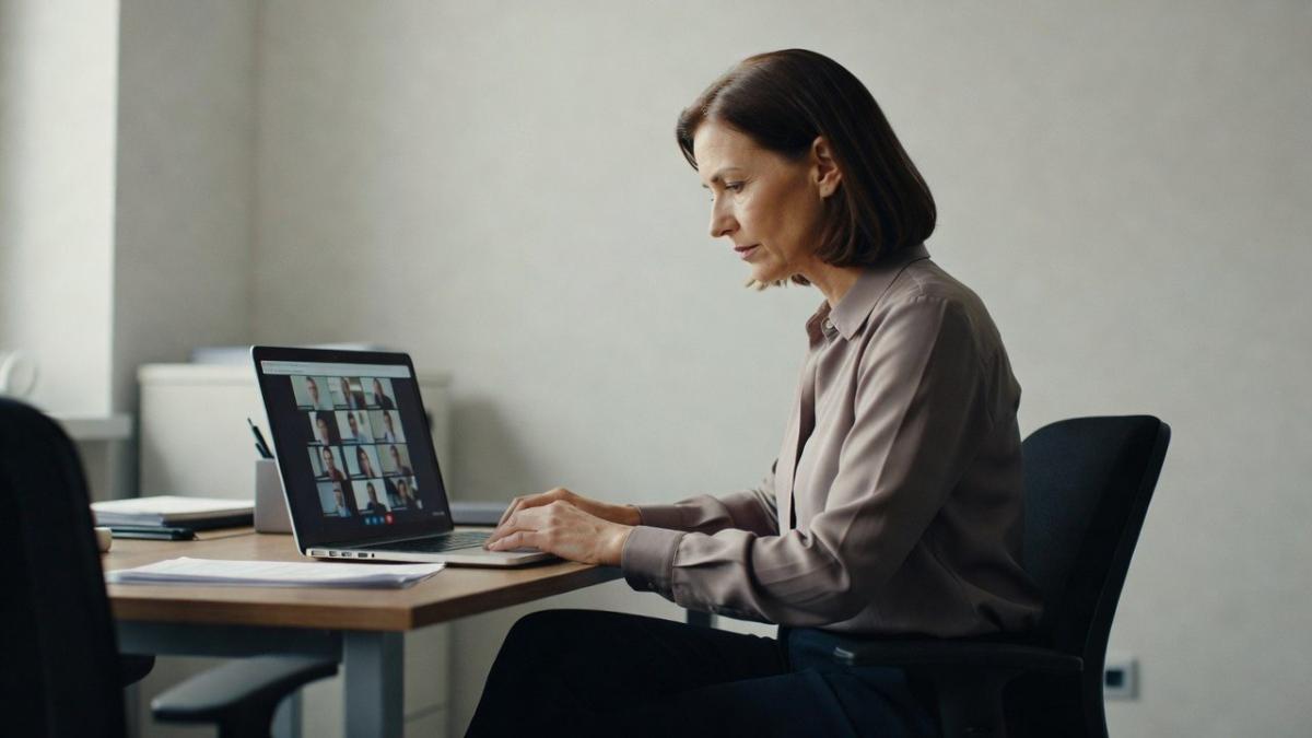 Frau bei der Arbeit am Computer, während sie über Voice-Cloning-Betrug nachdenkt.