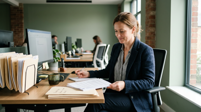 Eine Frau im Büro prüft Dokumente, während Voice-Cloning-Betrug Thema ist.