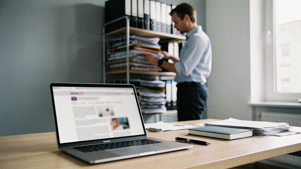 Ein Mann steht am Regal und sortiert Dokumente, während ein Laptop auf dem Tisch steht.