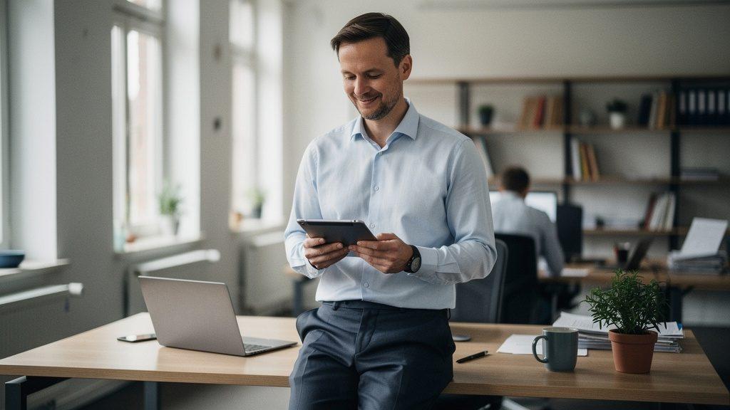 Mann am Arbeitsplatz mit Tablet zur Bürokratieabbau im Mittelstand.