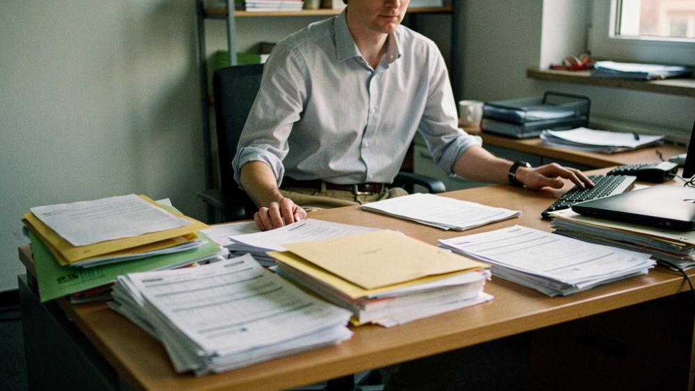 Mann arbeitet am Schreibtisch mit Stapeln von Dokumenten, Thema Bürokratieabbau im Mittelstand.