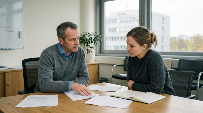 Zwei Personen besprechen im Büro die Auswirkungen des NIS-2-Verstoßes.
