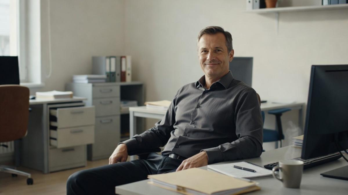 Ein Mann sitzt im Büro und lächelt, während er die NIS-2-Verstöße betrachtet.