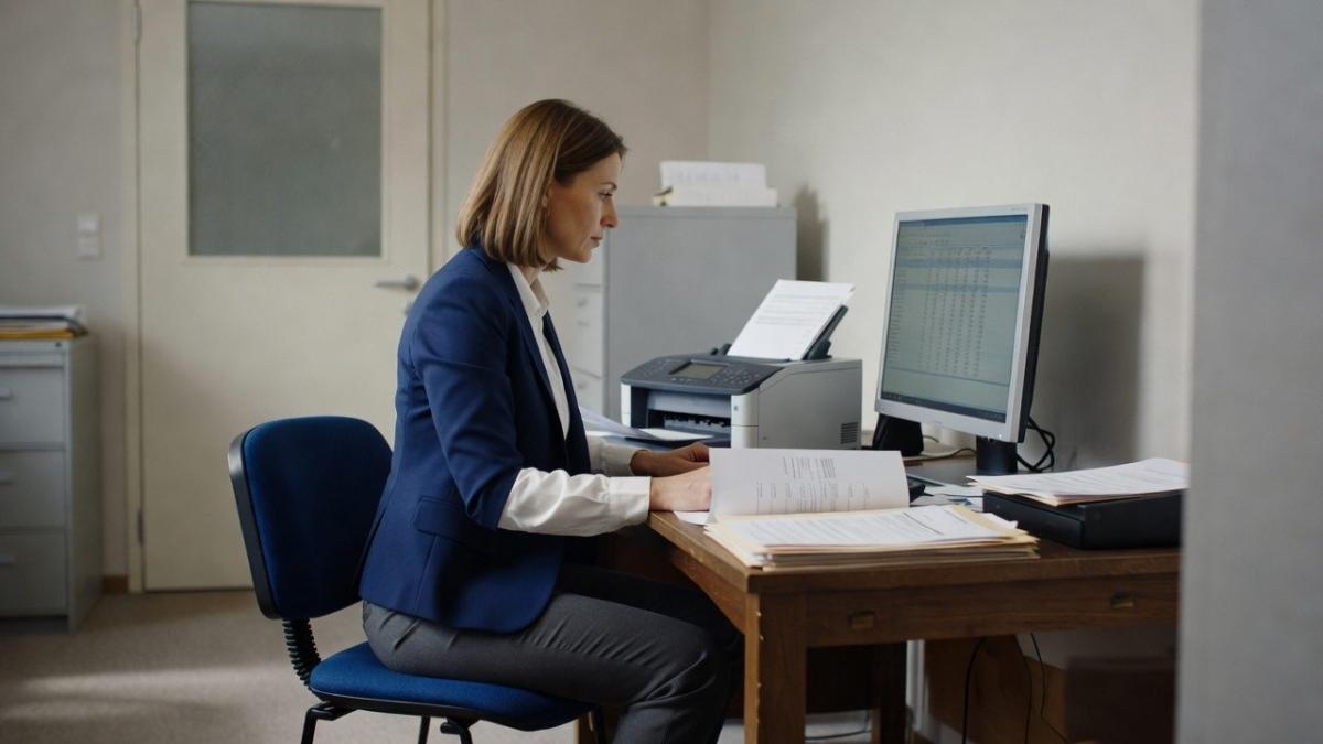 Eine Frau bearbeitet Dokumente am Bürocomputer im Kontext der E-Rechnungspflicht.