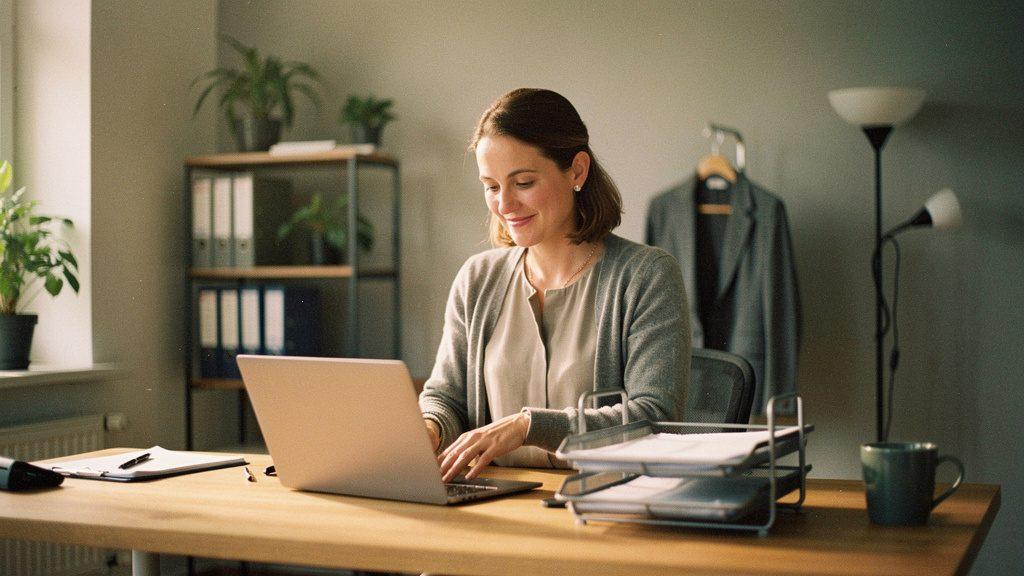 Eine Frau arbeitet am Laptop in einem modernen Büro zur E-Rechnungspflicht.