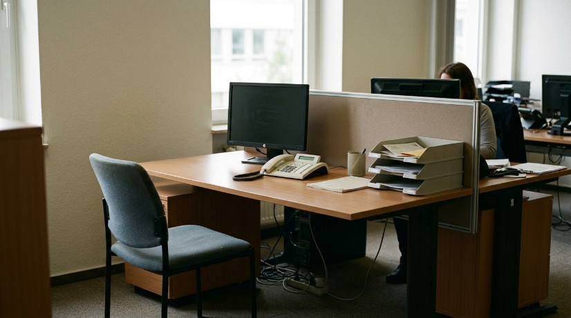 Ein leeres Büro im Mittelstand zeigt einen Arbeitsplatz mit Telefon.