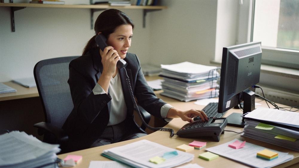 Eine Frau im Büro, die am Telefon spricht und dabei am Computer arbeitet.