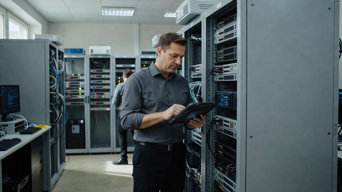 IT-Experte überprüft Systeme auf KI-Cyberangriffe im Serverraum.