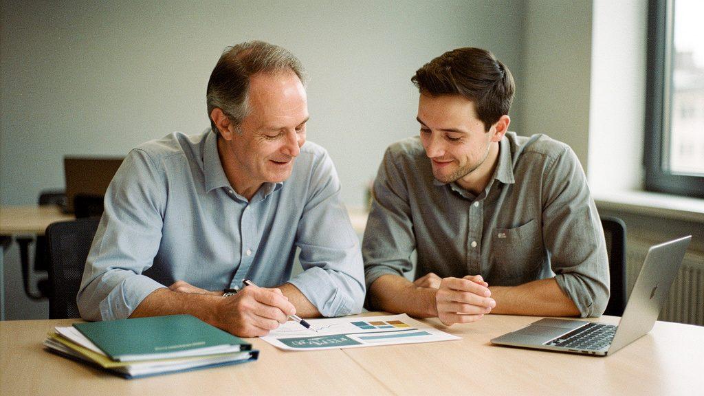 Zwei Männer analysieren KI-Projekte am Tisch, dabei wird auf Dokumente geschaut.