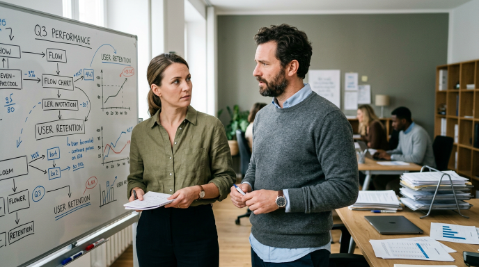 Ein Team diskutiert in einem Büro über die Analyse von KI-Projekten.