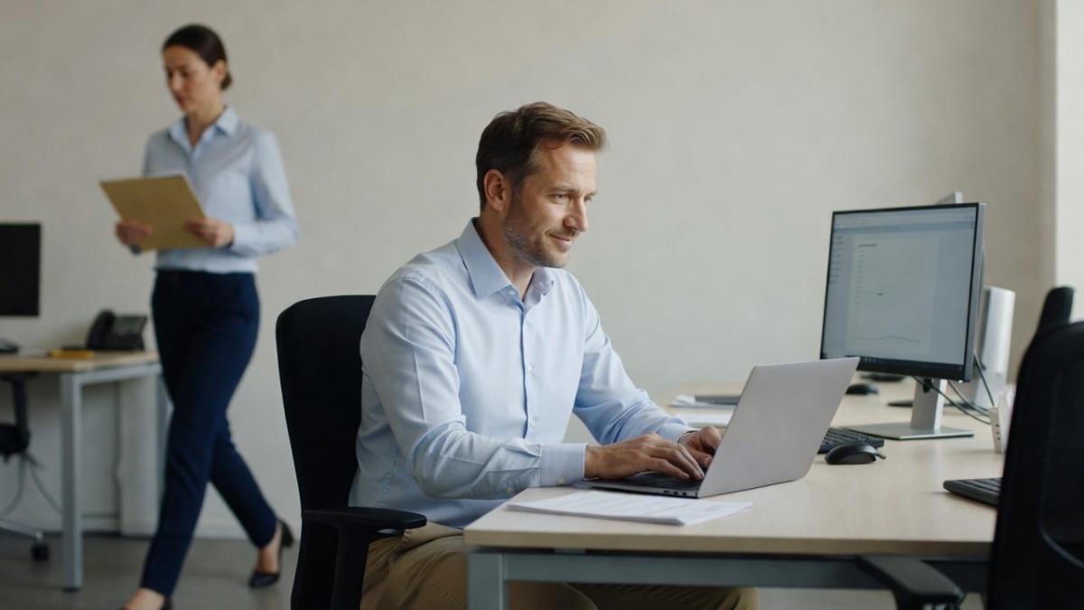 Mittelstand und KI: Typische Bürosituation mit Mitarbeiter am Laptop.