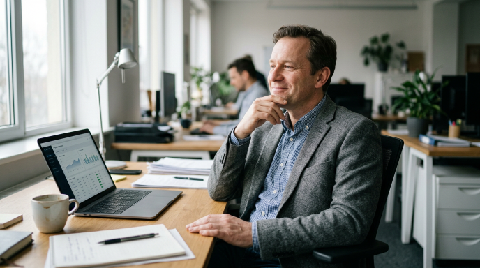 Mann am Arbeitsplatz mit Laptop, der über KI im Mittelstand nachdenkt.