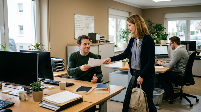 Eine Frau übergibt einem Mann im Büro ein Dokument zum Fachkräftemangel im Mittelstand.