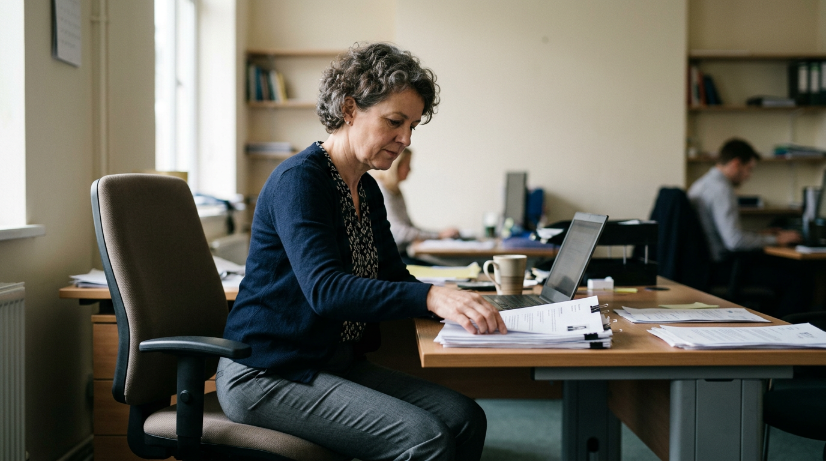 Eine Frau arbeitet im Büro und sortiert Unterlagen, symbolisiert den Fachkräftemangel im Mittelstand.