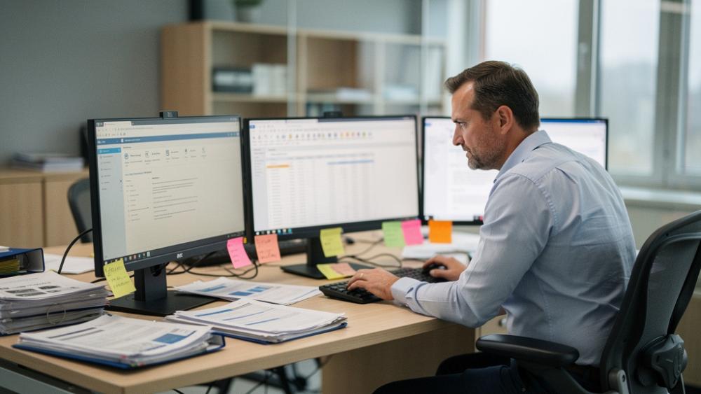 Mitarbeiter im Büro arbeitet an mehreren Monitoren zu KI-Agenten im Mittelstand.