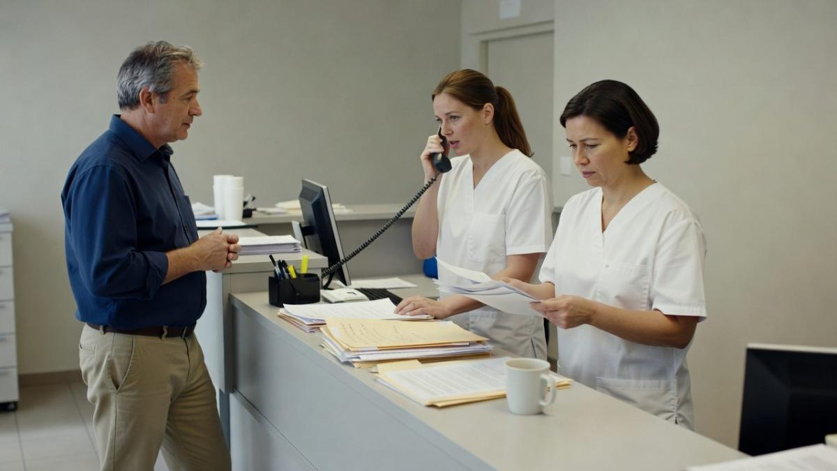 An der Rezeption: Während die MFA telefoniert, wartet der nächste Patient.