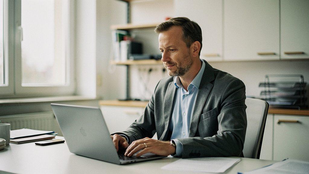 Ein Mitarbeiter arbeitet im Büro an digitalen Prozessen im Mittelstand am Laptop.