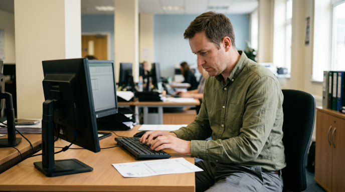 Ein Mitarbeiter arbeitet im Büro an der Eingangsrechnungsverarbeitung am Computer.