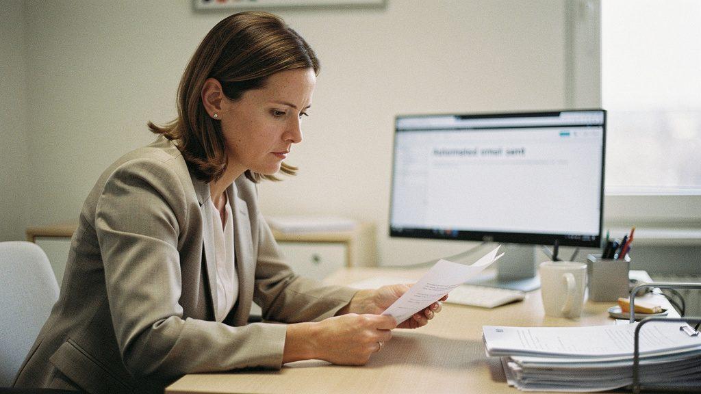 Frau im Büro liest Unterlagen über KI-Agenten und Haftung.