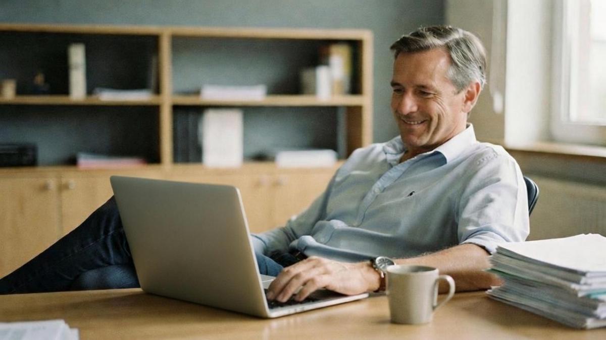 Mann arbeitet am Laptop und beschäftigt sich mit KI-Agenten Haftung.
