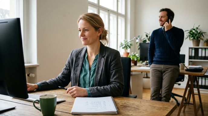 Frau am Computer mit Notizen, während ein Kollege am Telefon spricht, ideal für KI-Projekte im Mittelstand.
