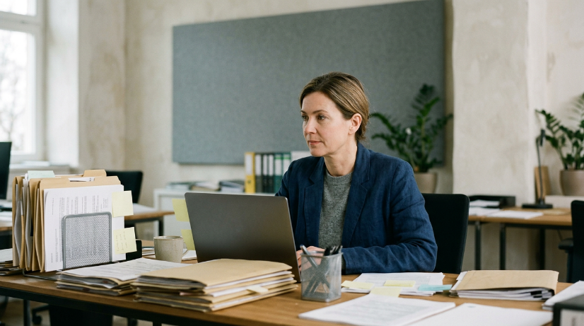 Mitarbeiterin am Arbeitsplatz mit Akten, symbolisiert Wissensverlust im Mittelstand.