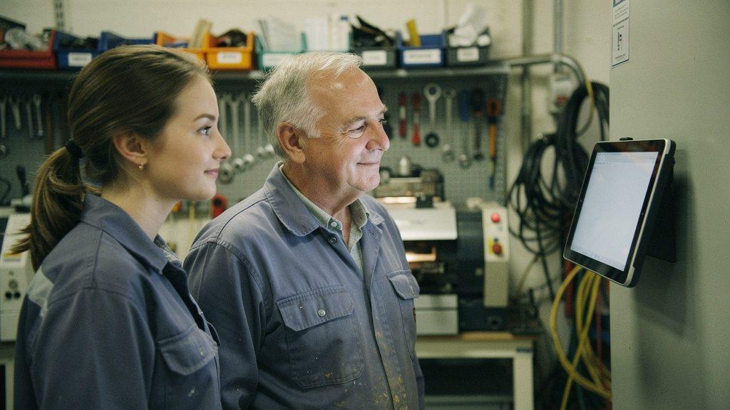 Zwei Mitarbeiter besprechen den Wissensverlust im Mittelstand am Bildschirm.