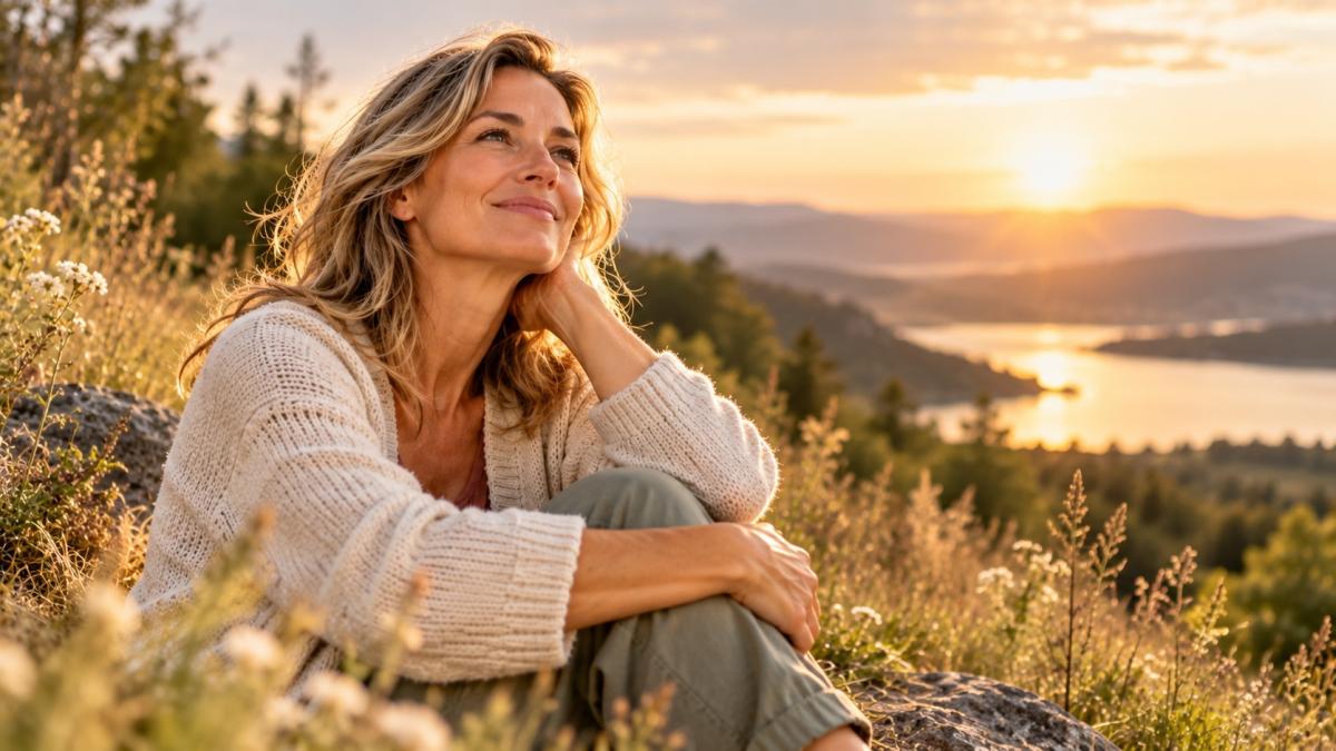 Eine Frau sitzt entspannt in der Natur und reflektiert über die Veränderungen ab 40.