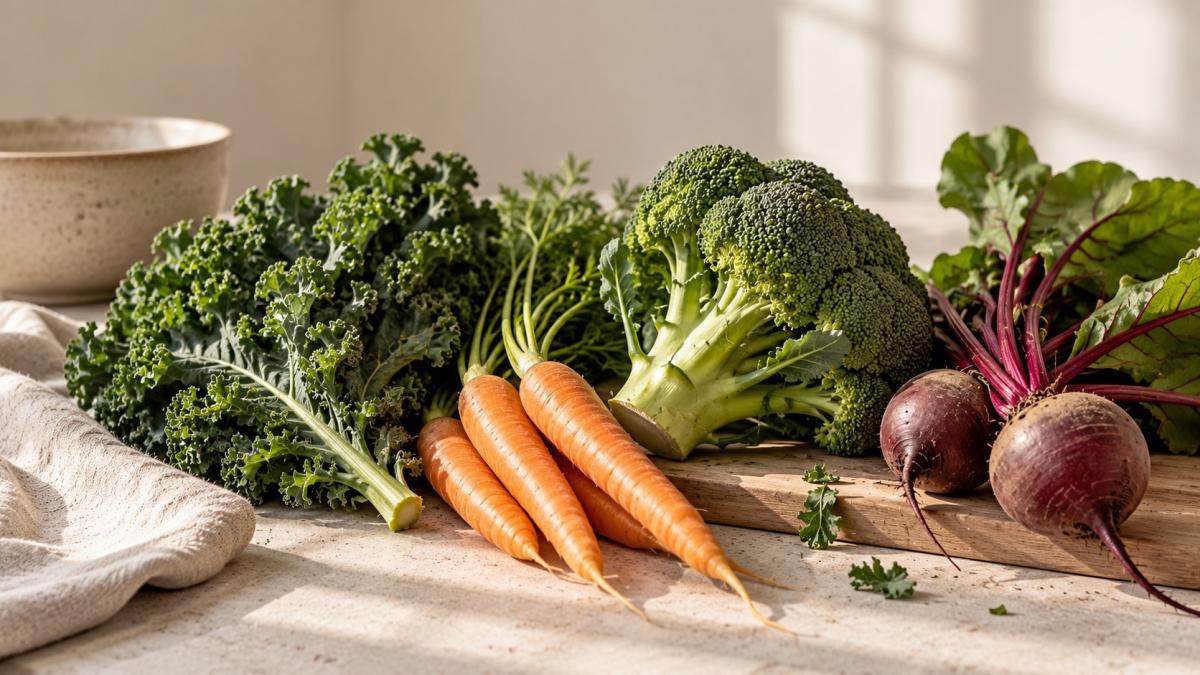 Frisches Gemüse wie Grünkohl, Brokkoli, Karotten und Rote Bete für einen hormonfreundlichen Detox.