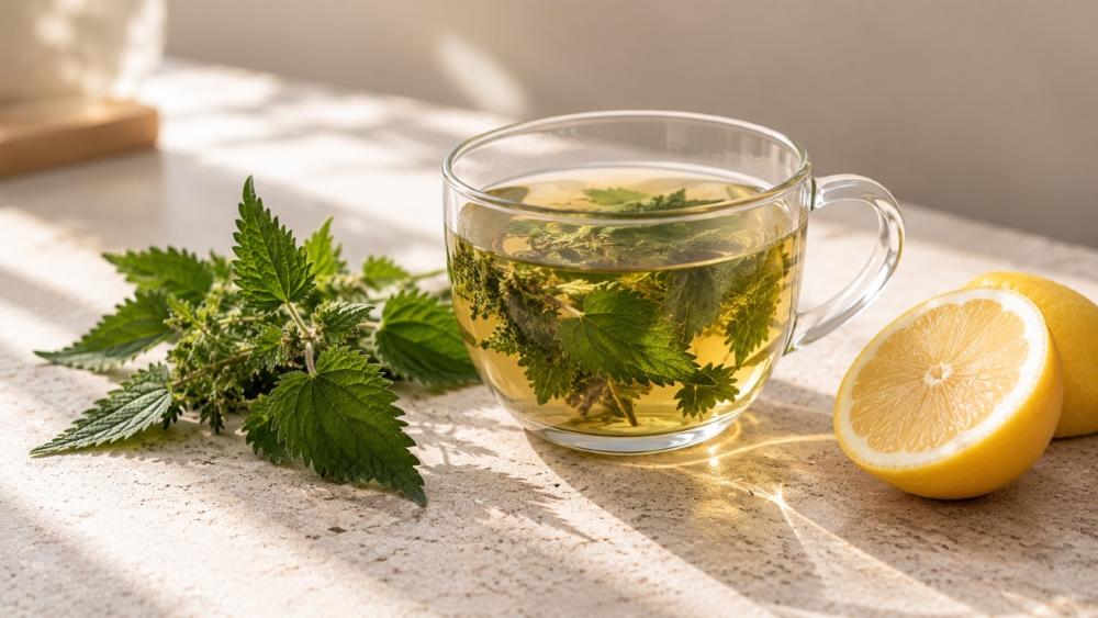 Eine Tasse Kräutertee mit Zitrone und frischen Kräutern als Einstieg in den hormonfreundlichen Detox.