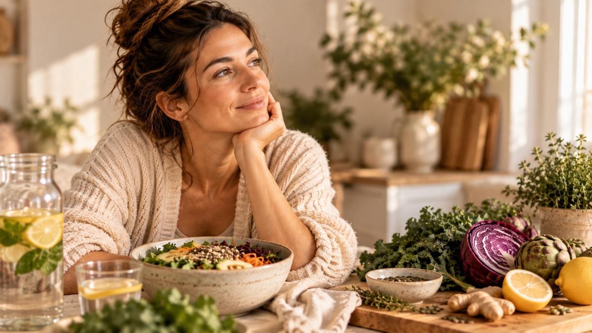 Frau genießt gesunde Ernährung mit frischem Salat und Gemüse.