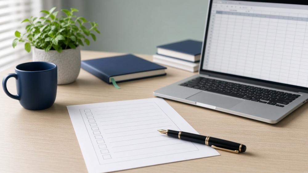 Arbeitsplatz mit Laptop, Notizen und einer Fundraising Checkliste auf dem Tisch.