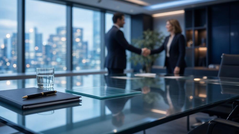 Zwei Personen schütteln sich die Hand beim Unternehmensverkauf für Tech-Startups.