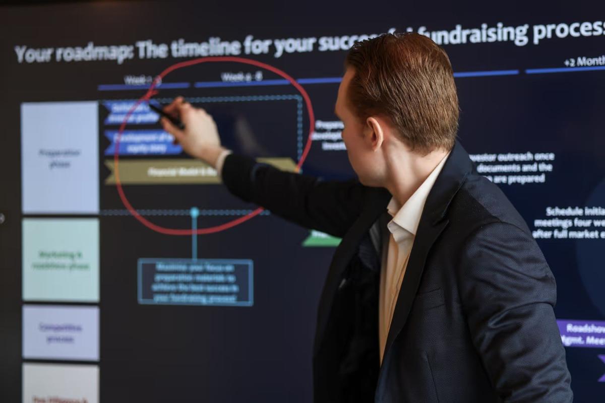 Ein Mann zeigt auf einen Präsentationsbildschirm über den fundraising prozess für tech-startups.