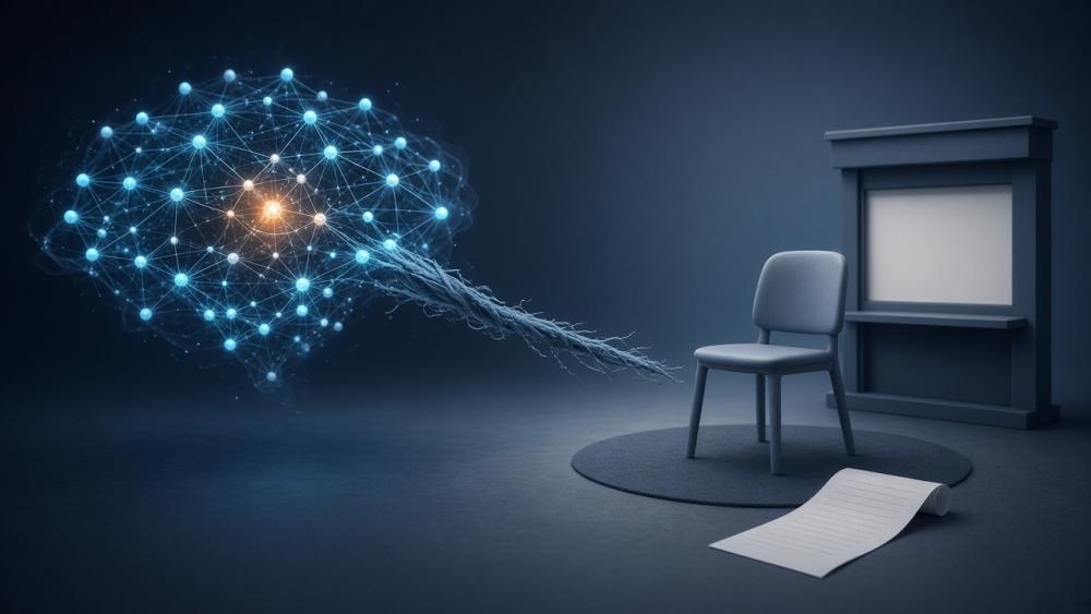 Eine Darstellung von KI-Startups ohne Market Fit mit einer leeren Stuhl und einem Netzwerk, das ein Sprachmodell symbolisiert.