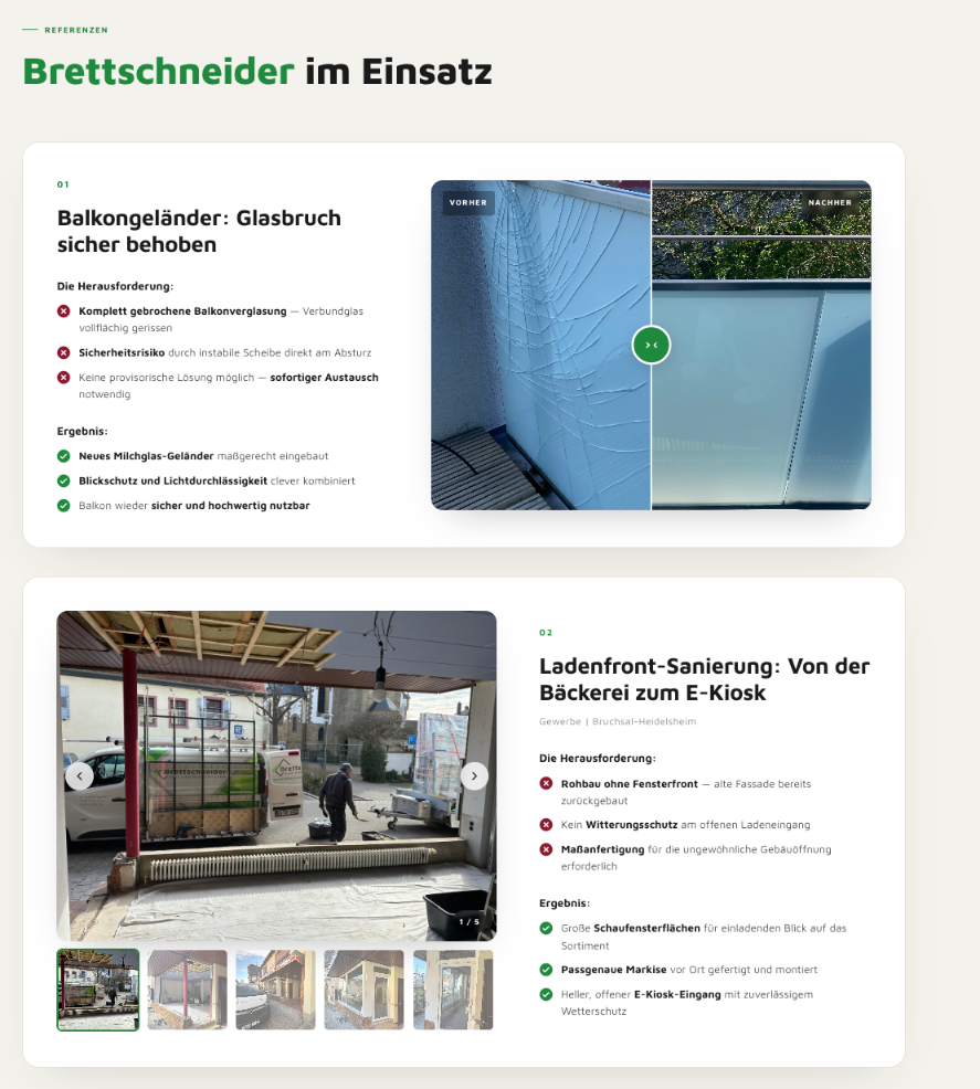 Fallstudien-Seite von Brettschneider zeigt verschiedene Projekte im Einsatz.