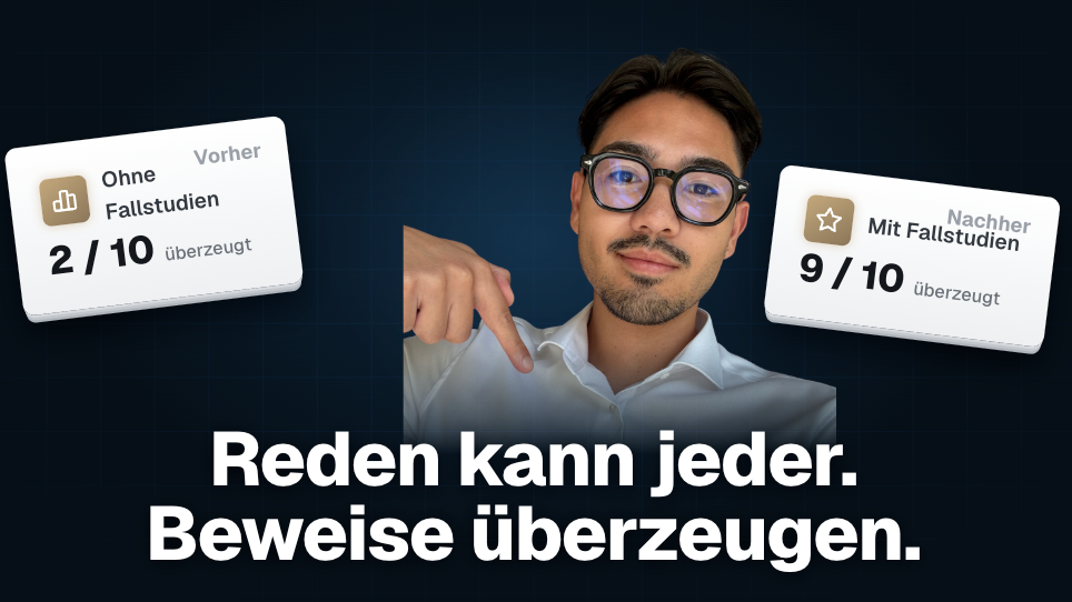 Person zeigt, wie Fallstudien überzeugen können, mit Ergebnissen vorher/nachher.