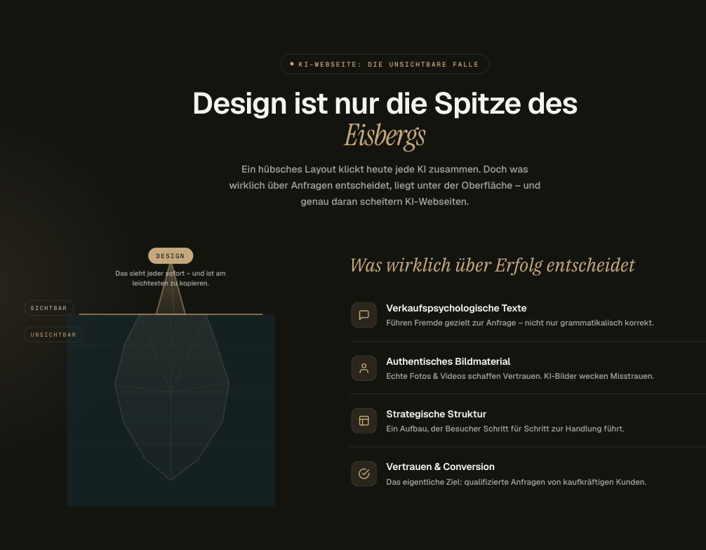 Grafische Darstellung, die zeigt, dass Design nur die Spitze des Eisbergs bei KI-Webseiten ist.