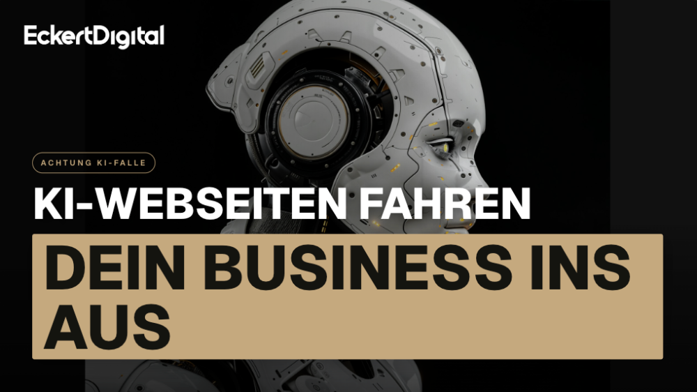 Roboterkopf mit menschlichen Zügen, der das Thema 'KI-Webseiten fahren dein Business ins Aus' vermittelt.