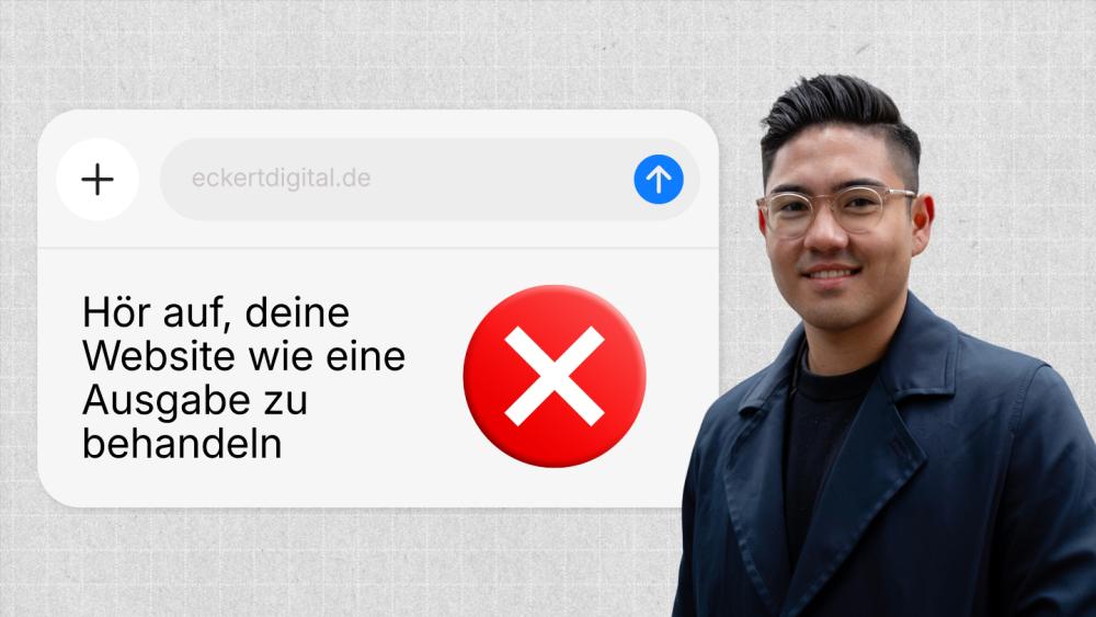 Mann steht neben einer Grafik, die zeigt, dass eine Website nicht als Ausgabe behandelt werden sollte.