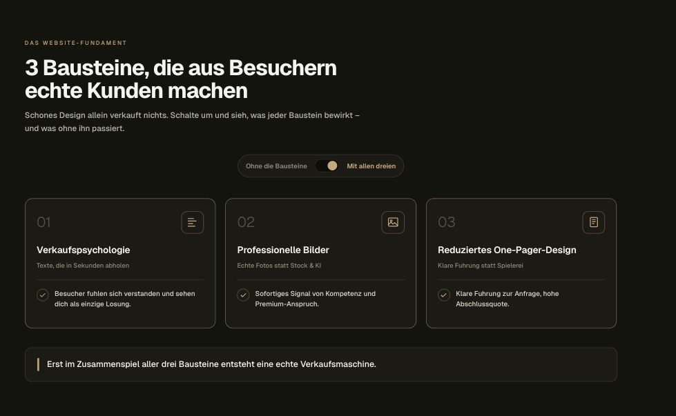 Darstellung der drei Bausteine, die aus Besuchern echte Kunden machen.