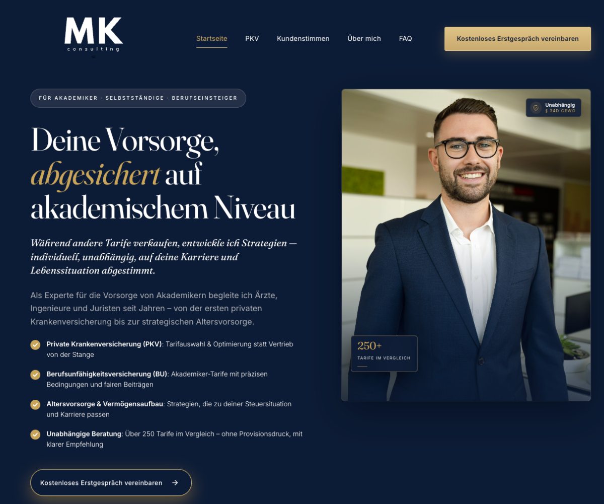 Professioneller Berater auf einer Website für Finanzdienstleister.
