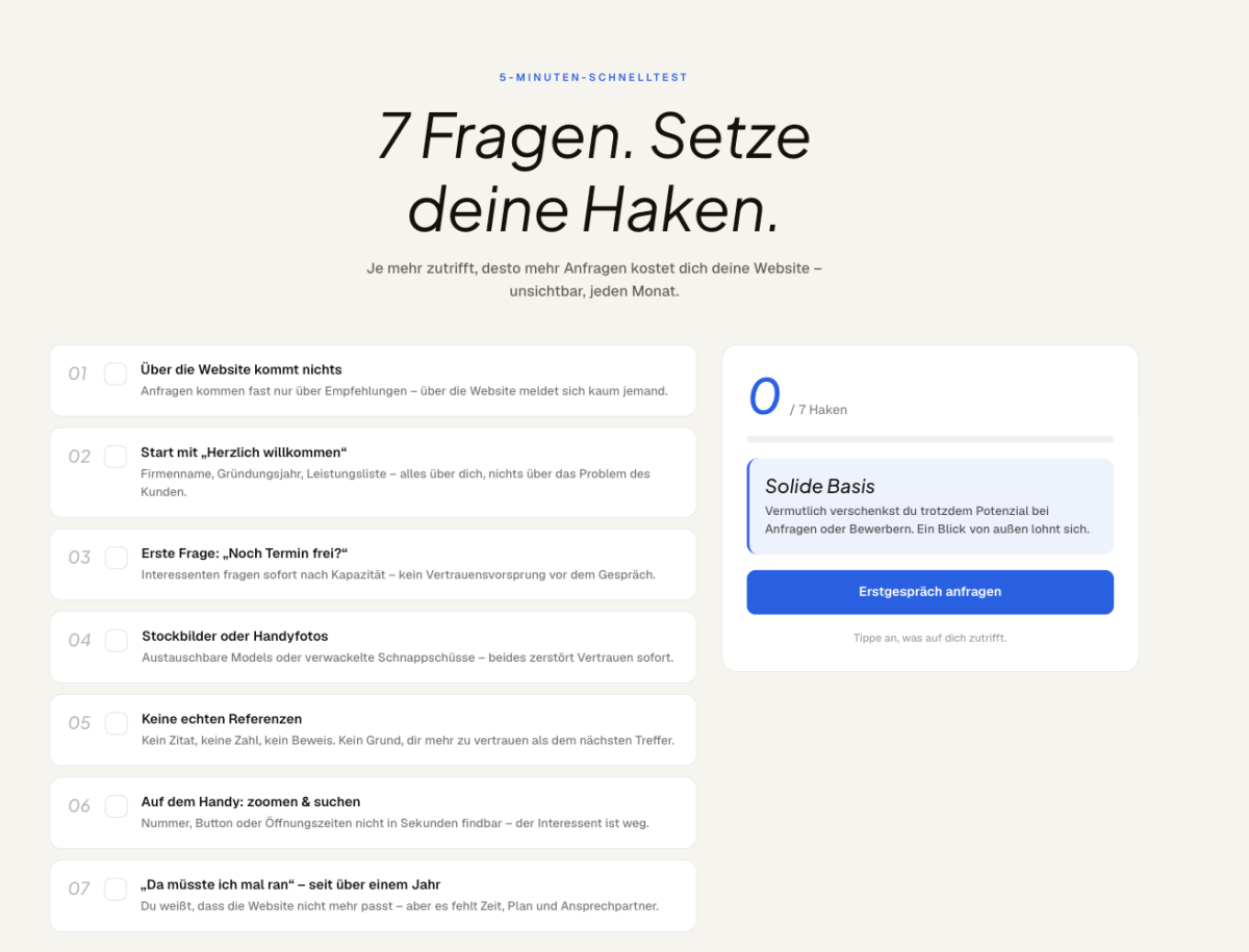 Screenshot des Webseiten-Schnelltests mit 7 Fragen und Auswahlmöglichkeiten.