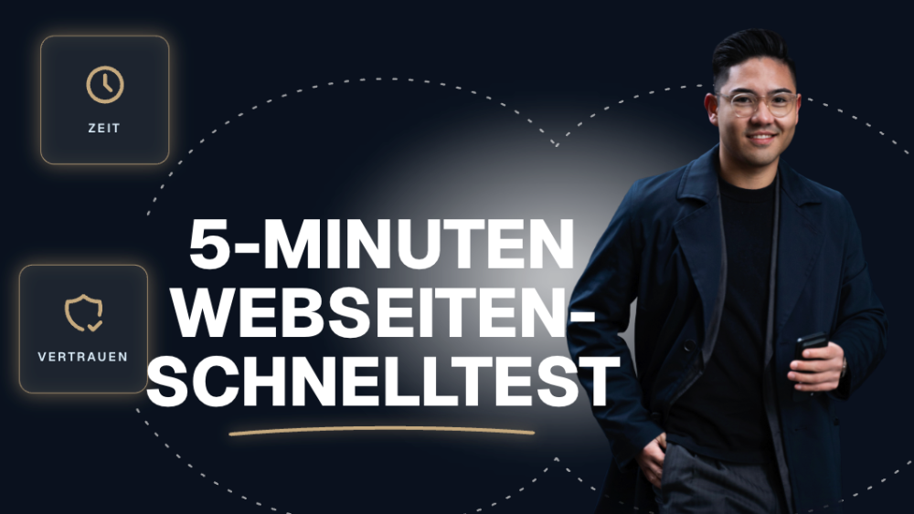 Eine Person präsentiert den 5-Minuten Webseiten-Schnelltest mit Symbolen für Zeit und Vertrauen.