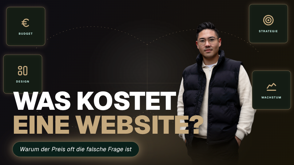 Grafik mit der Frage: Was kostet eine Website? Wichtige Aspekte wie Budget, Design und Strategie.
