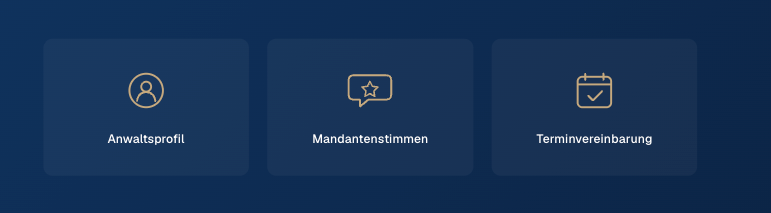 Drei Symbole für Anwaltsprofil, Mandantenstimmen und Terminvereinbarung im Webdesign für Anwälte.
