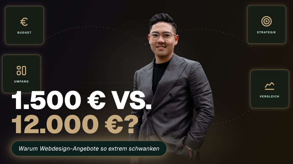 Mann steht vor Grafiken zu Webdesign-Angeboten im Preisvergleich von 1.500 € vs. 12.000 €.